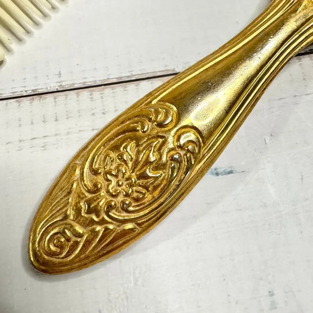 Vintage Gold Tone Brush & Comb Vanity Set Celluloid EUC Art Deco Style READ
